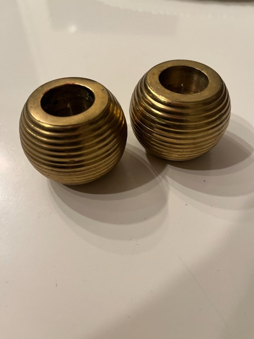 MacKenzie-Childs Solid Brass Ribbed Sphere Candle Holders Set of 2